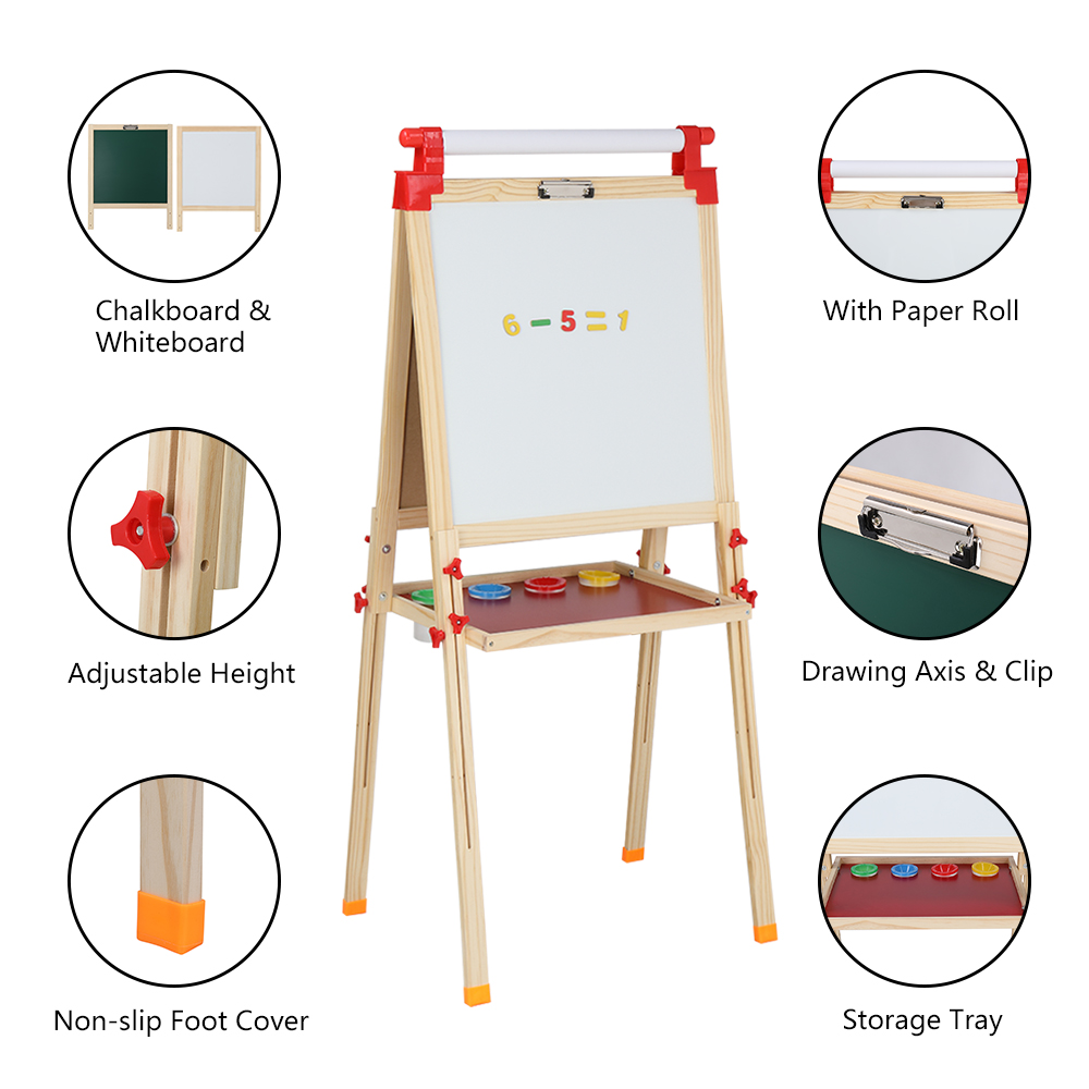 Zimtown Kids Wooden Easel, Dry Erase Board & Chalkboard, with Paper Roll and Drawing Accessories, Size: 21.85â x 21.85â , White